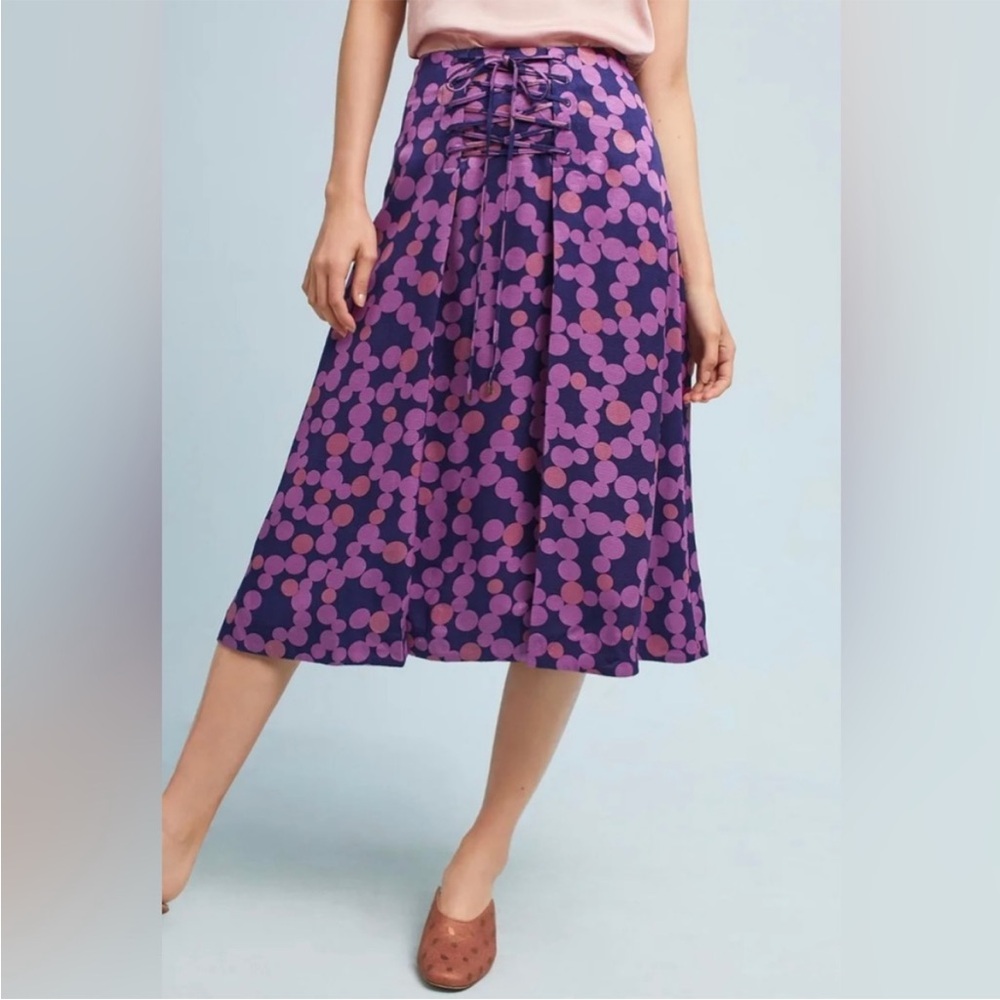 Anthropologie Maeve Zadie Lace Up Midi Skirt Purple Polka Dot Sz 8 - Picture 5 of 11